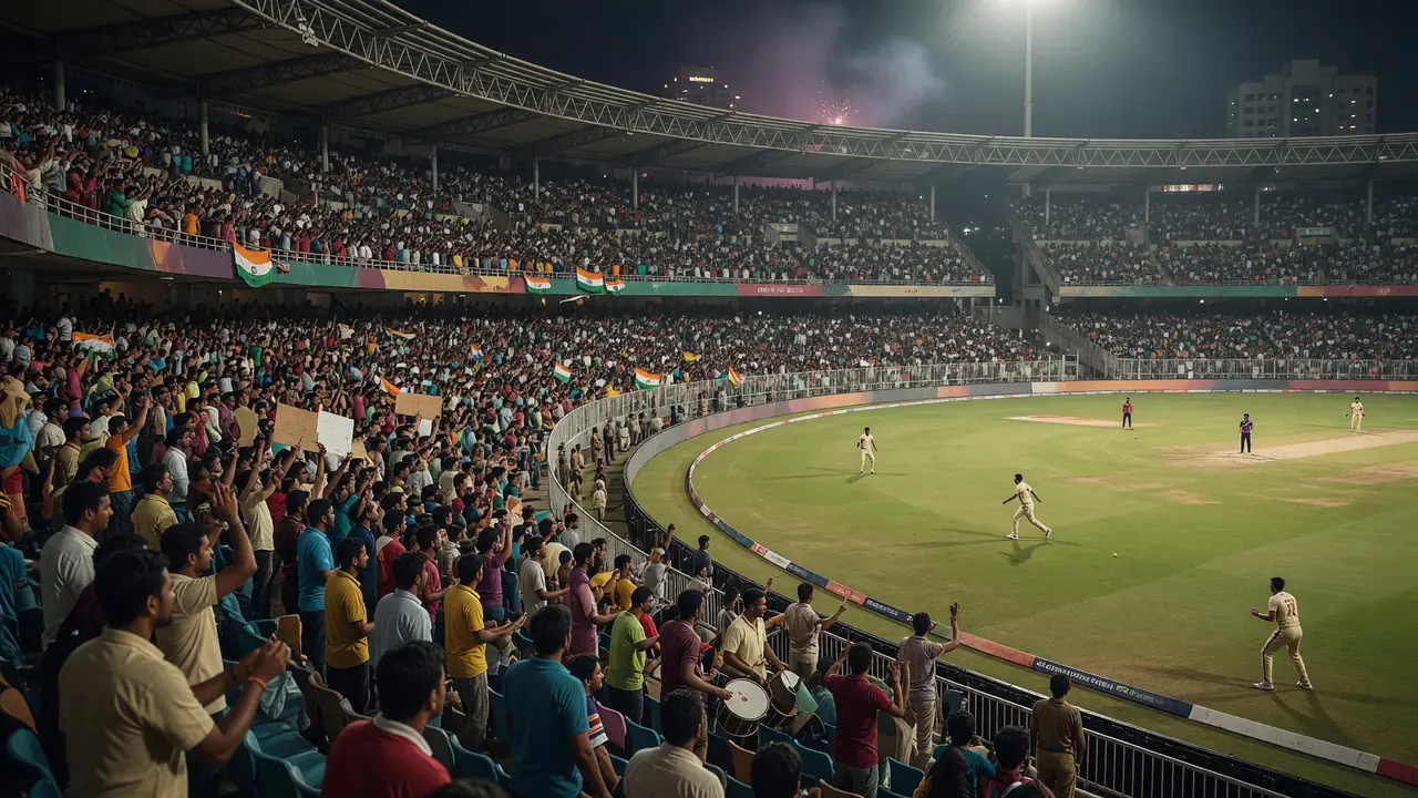 Wide night view of a packed Indian cricket stadium with floodlights over the outfield and full stands