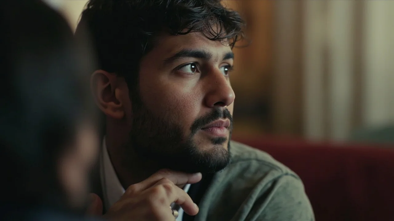 A close editorial frame of a campaign shoot in progress with a presenter speaking into a broadcast microphone under studio lighting